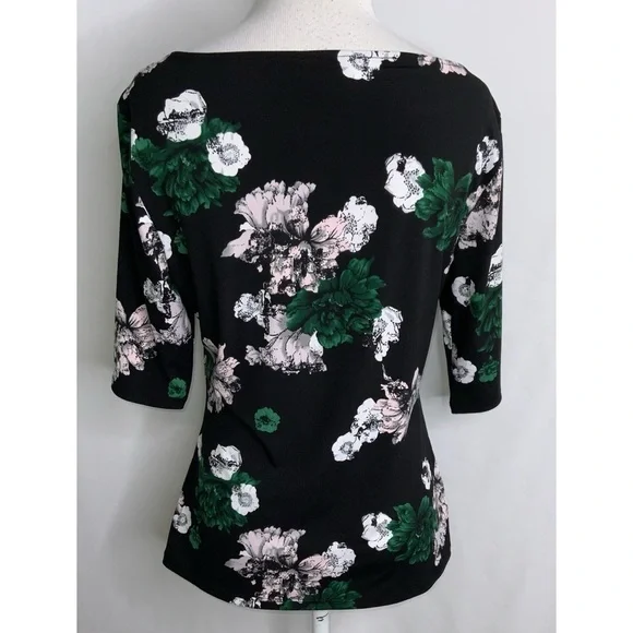Carmen Marc Valvo Black Green White Floral 1/2 Sleeve Stretchy Blouse M - Picture 4 of 10